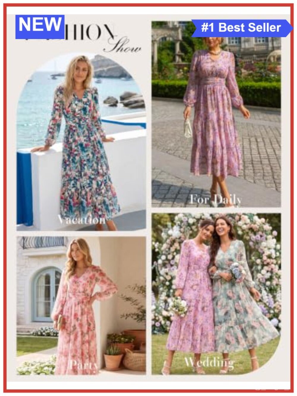 Floral Maxi Dress V-Neck Lantern Sleeve Formal Wedding Guest Long Sleeve - Picture 5 of 6